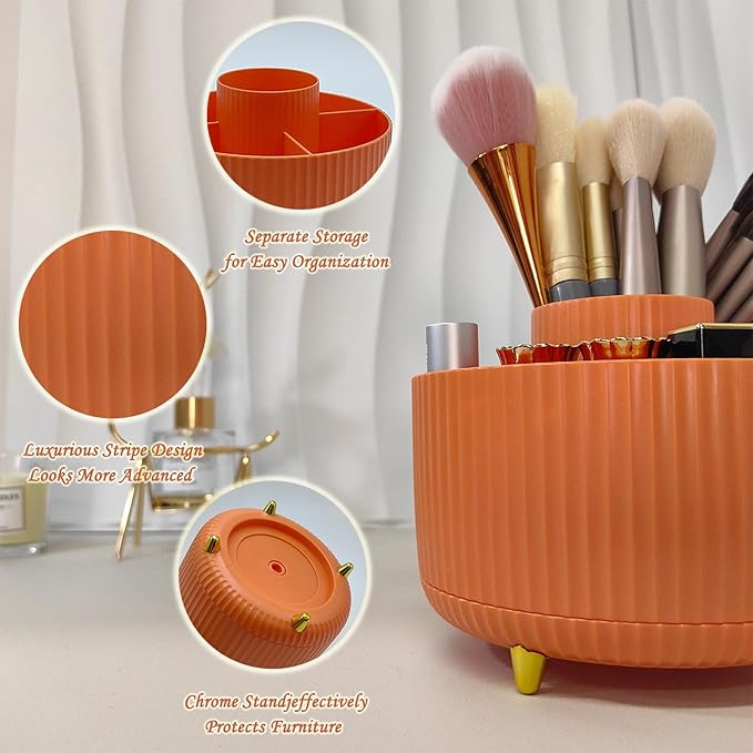 360 Rotating Makeup Brush Holder, Makeup Desk Organizer with 5 Slots Cosmetic Brushes Storage,Makeup Organizer for Vanity, Bedroom Decor, Bathroom Organizer (Orange)