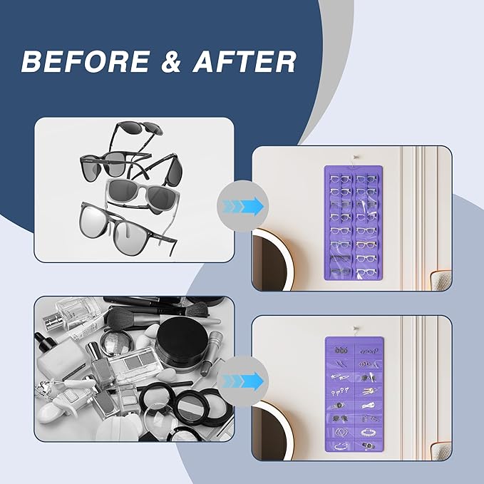 Hanging Sunglasses Organizer and Storage, Dual-Sided Sunglasses Case and Jewelry Holder, Wall-Mounted, 32 Clear Slots, Dust-Proof, Roof Design for Travel, Purple