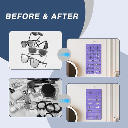 Hanging Sunglasses Organizer and Storage, Dual-Sided Sunglasses Case and Jewelry Holder, Wall-Mounted, 32 Clear Slots, Dust-Proof, Roof Design for Travel, Purple
