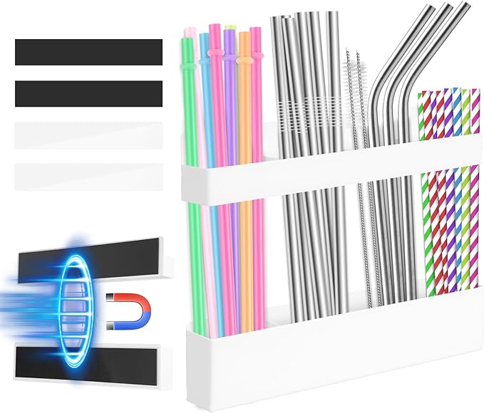 Carbon Steel Straw Holder for Cabinet – Heavy Duty Cabinet Straw Holder Organizer with Magnetic & Adhesive Mount, Organizer for Cabinet Door or Wall