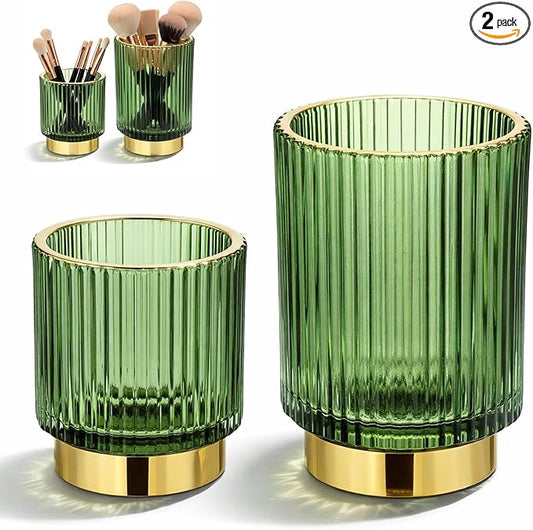 2 Pack Glass Makeup Brush Holder Organizer, Crystal Glass Toothbrush Holders, Desk Pen Pencil Holder, Multifunctional Vintage Brush Cup for Desk Vanity Bathroom Bedroom