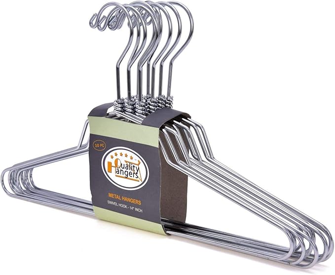 Quality Hangers Metal Hangers - Swivel Hook and Stainless Steel - Heavy Duty Wire Clothes Hangers - Available in 10 Pack - Hangers for Teens