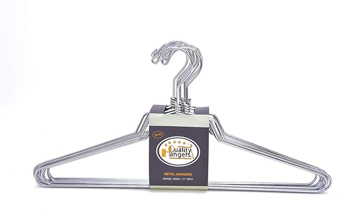 Quality Metal Hangers - Swivel Hook, Stainless Steel, Heavy Duty, Wire Clothes - 10 Standard, 17 Inches