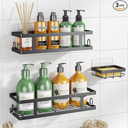 Youvip Adhesive Shower Caddy,Shower Shelves with Soap Holder and 12 Hooks,Rustproof No Drilling Bathroom Organizer and Storage,Black,3 Pack