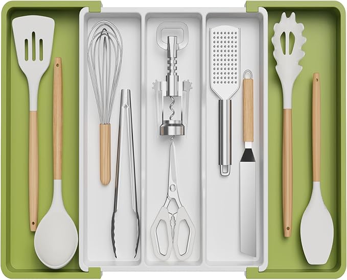 Lifewit Utensil Organizer for Kitchen Drawers, Expandable Cooking Utensil Tray, Adjustable Cutlery Silverware Flatware Holder, Plastic Spatula Tools Storage Divider, 13-22 x 15", Green&White