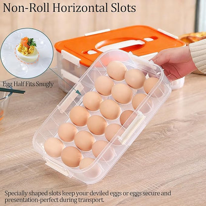 VitalYang Deviled Egg Container with Lid, Double Layer Egg Container, 36 Count Deviled Egg Tray- Secure Lock & Handle, Stackable, Leak-Proof Design for Parties & Catering, Orange