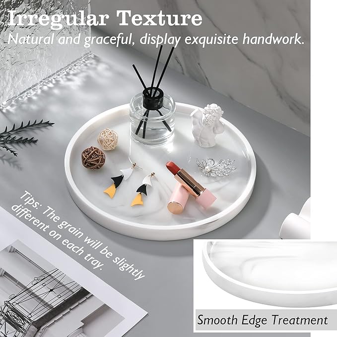 Emibele Vanity Tray, Resin Round Tray Decorative Storage Organizer for Bathroom Toilet Tank Bedroom Kitchen Countertop, Jewelry Storage Dresser Tray for Candle, Lotion Bottle, Cosmetics, Marble White