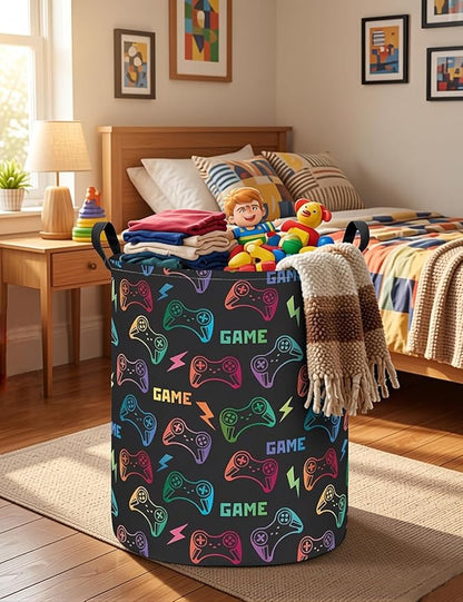Round Game Controller Laundry Basket,Collapsible Laundry Hamper for Kids Boys,Waterproof Video Game Toy Storage Bin for Bedroom,Playroom, Boys Room,Gamer Gift (GAME)