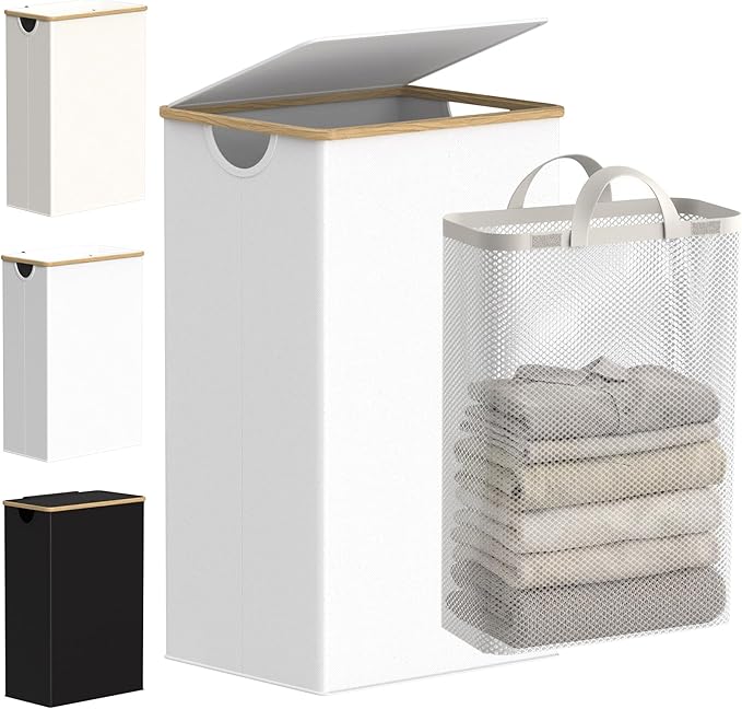 efluky Laundry Hamper with Lid, 100L Tall Laundry Basket with Bamboo Handles for Clothes and Toys, Collapsible Laundry Hamper with Inner Bag for Bedroom and Bathroom, White