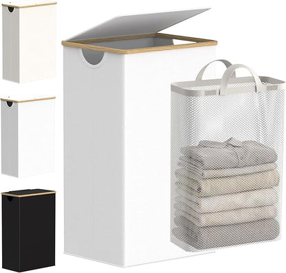 efluky Laundry Hamper with Lid, 100L Tall Laundry Basket with Bamboo Handles for Clothes and Toys, Collapsible Laundry Hamper with Inner Bag for Bedroom and Bathroom, White