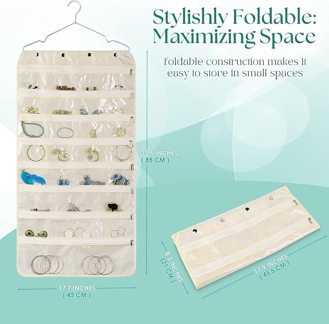 Flexzion Hanging Jewelry Organizer with Zippered Pockets - (1 Pack) Beige Closet Jewelry Organizer Storage with Hanger, 56 Pockets Dual Sided Earring Organizer Hanging for Bracelet, Watches, Ring