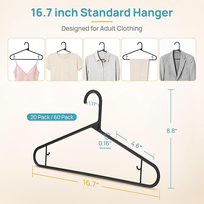Vtopmart 60 Pack Plastic Clothes Hangers, 16.7in Standard StackFit Hangers for T-Shirt, Coats, Jackets, Sweaters, Non-Slip Slim Hanger with Hooks, Space-Saving in Closet, Durable Clothes Organizers