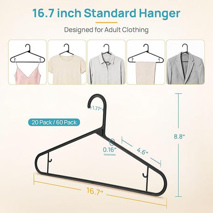 Vtopmart 20 Pack Plastic Clothes Hangers, 16.7in Standard StackFit Hangers for T-Shirt, Coats, Jackets, Sweaters, Non-Slip Slim Hanger with Hooks, Space-Saving in Closet, Durable Clothes Organizers