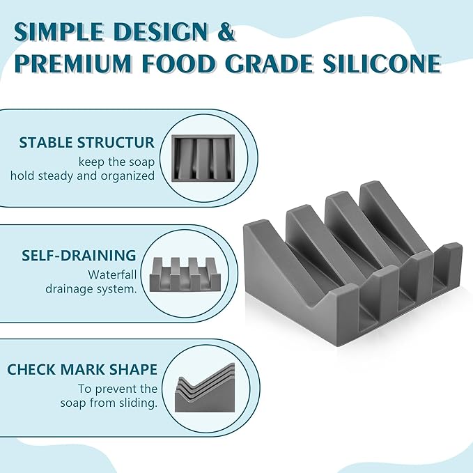 Self Draining Soap Dish Holder,Silicone Soap Dish,for Bathroom,Kitchen, Sponges，Can Extend Soap Life，Keep Soap Bars Dry and Easy Cleaning (Grey,4-Pack)