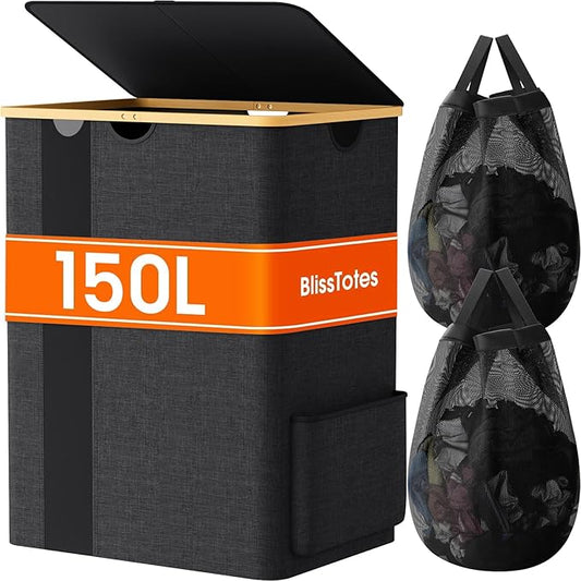 BlissTotes Laundry Basket with Lid, 150L Clothes Laundry Hamper with Handles and 2 Removable Laundry Bag, Breathable Design Hamper with Lid for Bedroom, Bathroom, Dorm, Laundry Room - Dark Grey