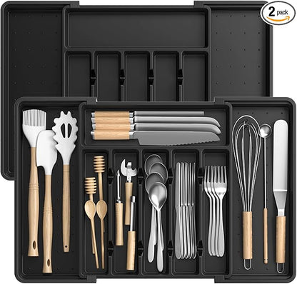 RoomHacks Large Silverware Organizer,Expandable Utensil Drawer Organizer,BPA Free Utensil Holder,Adjustable Silverware Tray Cutlery Drawer Organizer for Kitchen Flatware,Large,Black,2 Pack