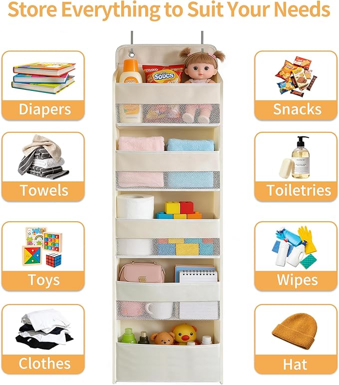 Over the Door Organizer, Door Storage Organizer with Large Capacity Pockets, Hanging Shelves for Bedroom, Closet, Dorm, Pantry (Beige, 6-Tier)
