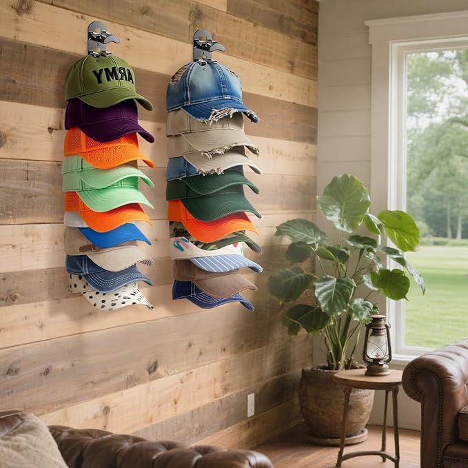 4 Pack Hat Organizer for Baseball Caps, Hat Rack for Wall Hold Up to 40 Hats, Hat Holder with Strong Adhesive and Screws,Cap Organizer Hat Hanger Display for Door Closet Bedroom(4pcs,B-Black)