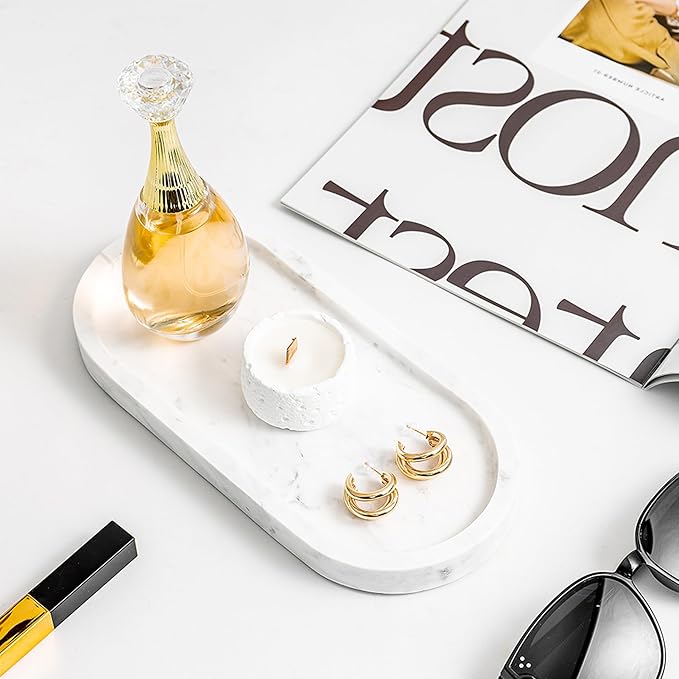 Natural Marble Vanity Tray Italy Oval Stone Trays for Candles Perfume, Decorative Jewelry Dish for Small Items, Countertop Storage Organizer for Home Bathroom Kitchen Matte Surface White (BH101)