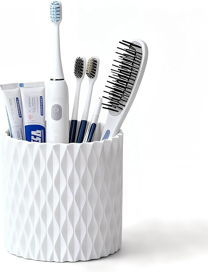 YLYZ Rotating Makeup Brush Holder Organizer Toothbrush Holders, Multi-Functional Toothbrush and Toothpaste Holder, Tooth Brush Organizer for Bathrooms Vanity, White, 4.7" L x 4.7" W x 4.7" H