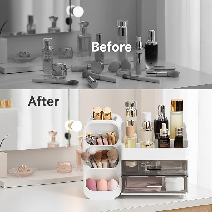 Delamu Makeup Organizer Countertop, Spacious Cosmetic Display Case with Makeup Brush Holder, Perfect Vanity Bathroom Organizer and Storage, Ideal Christmas Gifts for Women Girls, White