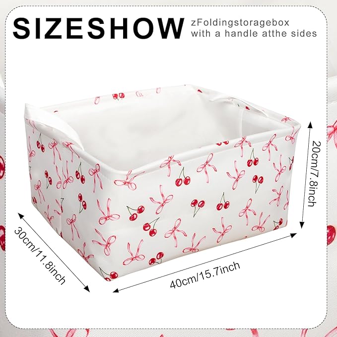 3 Pcs Pink Bow Storage Basket, Coquette Girls Rectangle Storage Bins Box with Handles, Bows and Chery Shelf Basket Ideal for Room Nursery Decor, Books, Organizing Clothes, Toys