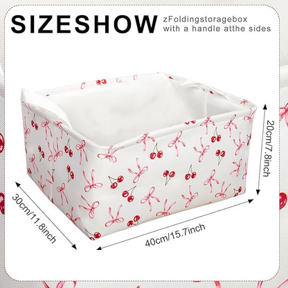 3 Pcs Pink Bow Storage Basket, Coquette Girls Rectangle Storage Bins Box with Handles, Bows and Chery Shelf Basket Ideal for Room Nursery Decor, Books, Organizing Clothes, Toys
