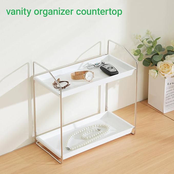 2 Tier Bathroom Organizer Countertop,Vanity Organizer,Tool-Less Installation Vanity Shelf Small Plastics Countertop Makeup Tray Skincare Perfume Organizers