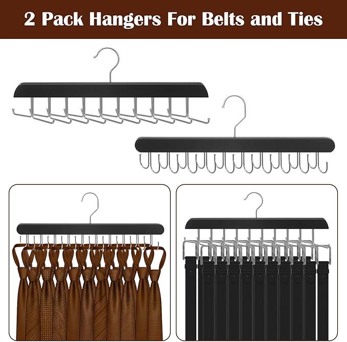 4 Pack Tie Rack and Belt Hanger 2 in 1, Wooden Tie Organizer for Closet with 20 Foldable Hooks, Space Saving Necktie Holder and Belt Organizer, Black