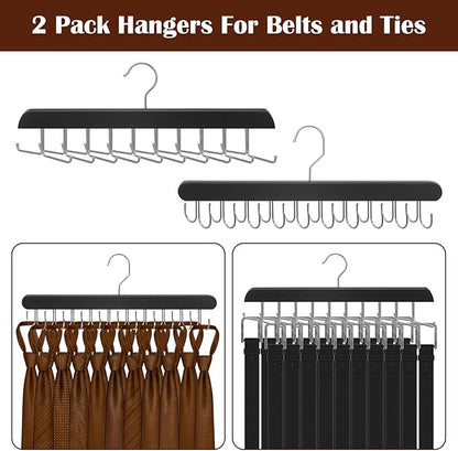 4 Pack Tie Rack and Belt Hanger 2 in 1, Wooden Tie Organizer for Closet with 20 Foldable Hooks, Space Saving Necktie Holder and Belt Organizer, Black