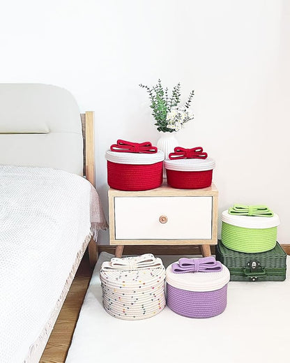 Tiny Basket with Lid, Small Round Woven Basket with Lid, Decorative Storage Box for Small Toy, Gift or Home Decor, Rainbow Pom-pom & Cute Bow Handle (rainbow, S)