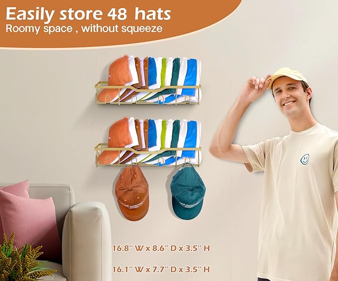 KEETDY Metal Hat Organizer for Baseball Caps Wall Hat Rack Fit 48 Caps Holder, 2 Packs Sturdy Wall Mounted Hat Storage Organizer, Gold