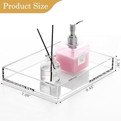 DINGHUO Acrylic Perfume Bathroom Vanity Counter Tray, Clear 9.45"x7.09"x1.38" Rectangle Countertop Organizer for Jewelry Candles Soap Makeup Toilet Tank Kitchen - 1 Pack