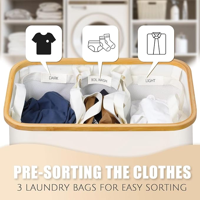 Extra Large 3 Section Dirty Clothes Laundry Basket with Lid, Dirty Clothes Hampers with Removable Bags for Bedroom and Laundry Room, Beige