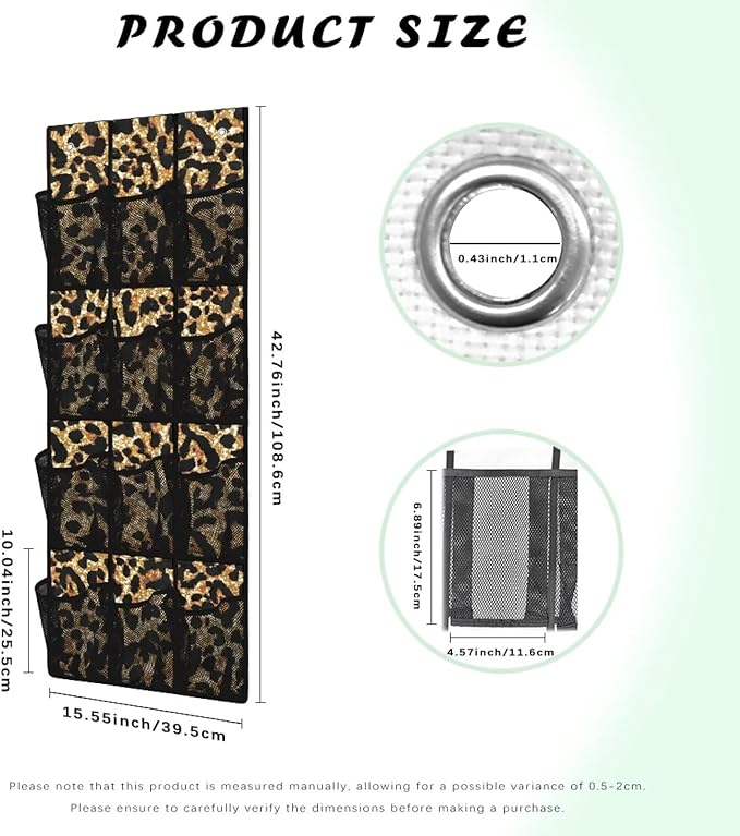 Over the Door Shoe Organizer,Leopard Print Design Hanging Storage Bags with 12 Mesh Large Pockets,Hanging Shoe Storage Waterproof Reusable