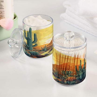 2 Pack Cactus Plants Apothecary Jars with Lid, Qtip Holder Storage Containers for Cotton Ball, Swabs, Pads, Clear Plastic Canisters for Bathroom Vanity Organization (10 Oz)