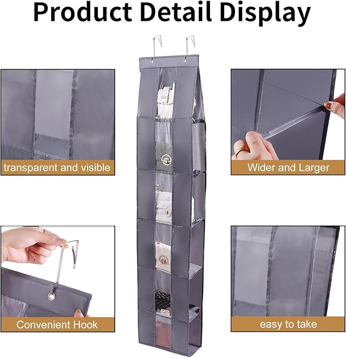 Over The Door Purse Organizer, 6-Pocket Hanging Storage for Handbags, 62.2x10.24 Inch, Space-Saving Closet Organizer with Metal Hooks, Gray (Black)