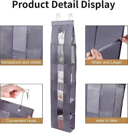 Over The Door Purse Organizer, 6-Pocket Hanging Storage for Handbags, 62.2x10.24 Inch, Space-Saving Closet Organizer with Metal Hooks, Gray (Black)