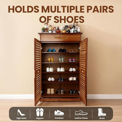 5 Tier Shoe Cabinet with Drawer, Bamboo Shoe Cabinet Organizer with Door, Retro Entryway Shoe Storage Cabinet for Closet, Living Room, Bedroom, Hallway, Doorway