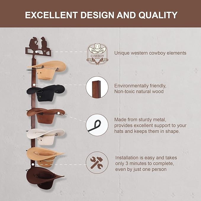 Cowboy Hat Rack Holder for Wall - Wild Western Style Design Hat Organizer with 6 Hat Hooks for Wall Mount, Hat Stand and Hanger for Storage and Organization , Gifts for Men Fathers Dad(Cowboy Lover)