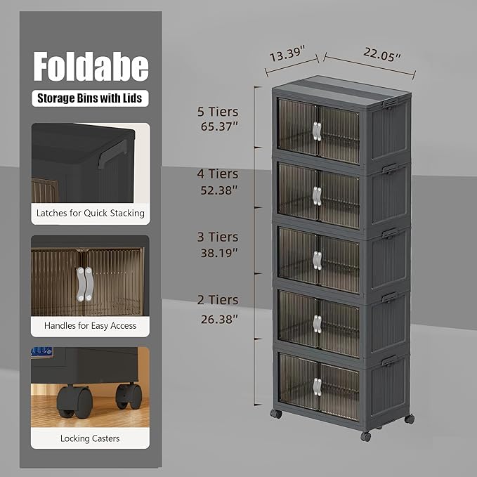 81QT Stackable Storage Bins with Lids & Wheels - Clear & Collapsible Design, Space Saving Foldable Plastic Organizer Containers for Home Bedroom Office Gray 5T