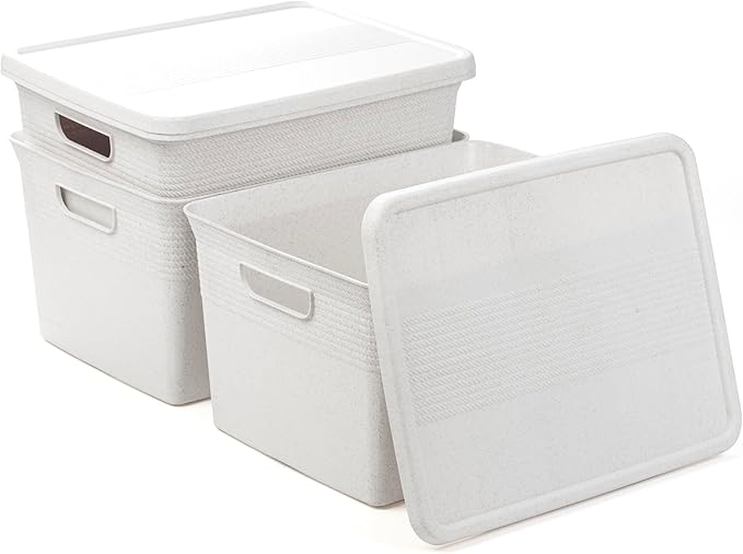 BINO | Plastic Storage Bins with Lids, 22 Liter - 3 Pack, White | THE BRAIDED COLLECTION | Plastic Bins for Organization Woven Storage Baskets for Organizing Pantry Shelf Organizer Basket Bin