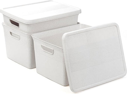 BINO | Plastic Storage Bins with Lids, 22 Liter - 3 Pack, White | THE BRAIDED COLLECTION | Plastic Bins for Organization Woven Storage Baskets for Organizing Pantry Shelf Organizer Basket Bin