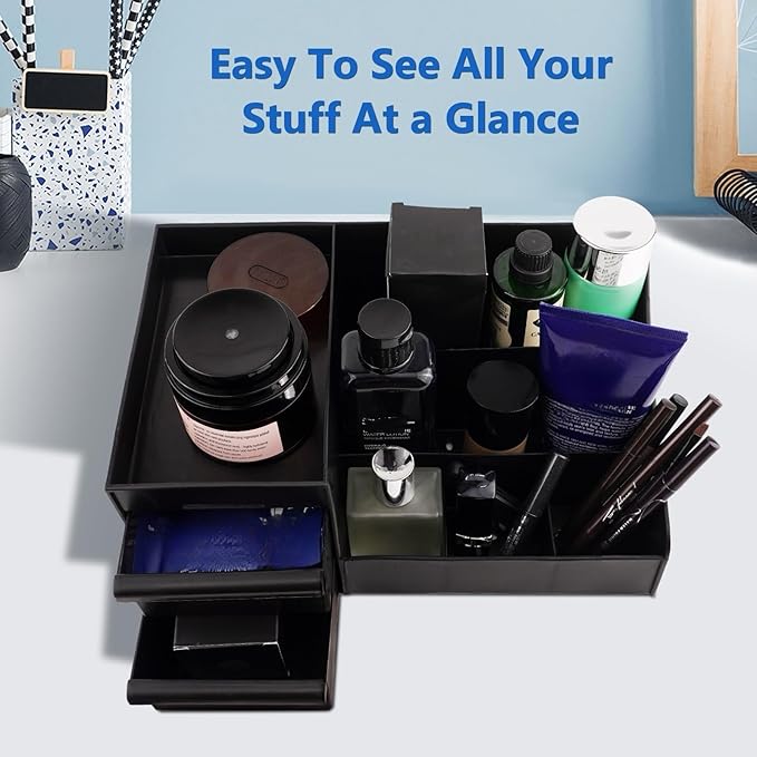 Black Cologne Organizer for Men - Large Countertop Organizer with Drawers for Cologne, Perfume, Shaving & Skincare - Bathroom & Vanity Storage, Ideal Gift for Boyfriend, Husband, Dad & Friends
