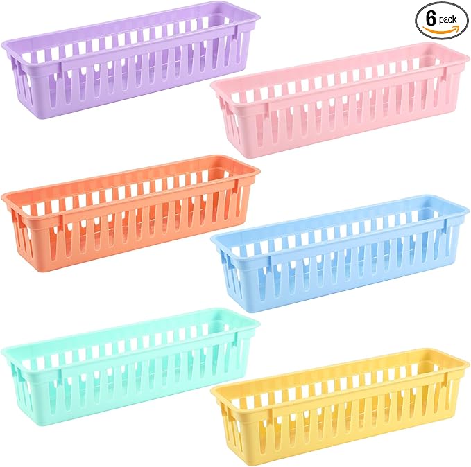 6 Pcs Morandi Slim Plastic Storage Baskets Tray 10 x 3 x 2.5 Inch Compact Stackable Desk Organizer for Office, Classroom, School Supplies, and Home Storage, Organization(Morandi)
