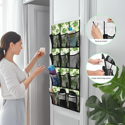 12-Pocket Storage Hanging Bag Behind the Door, Over the Door Organizer for Shoes Toys and Bathroom Essentials, Fabric Door Organizer for Bedroom Closet Dorm, Green Lucky Leaves