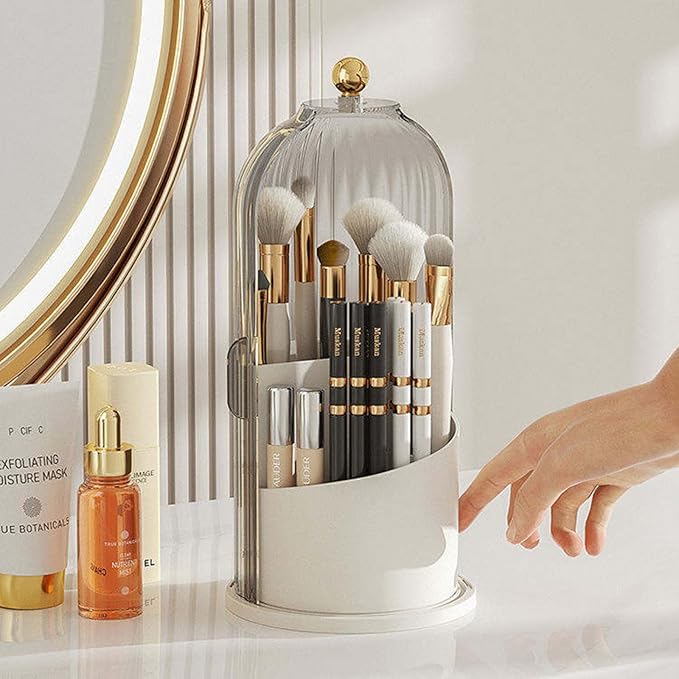 Rotating Toothbrush and Makeup Brush Holder Organizer with Sliding Lid - 3 Slots, 360° Rotating Bathroom Countertop Organizer, Toothbrush and Toothpaste Stand, Sink and Vanity Storage Caddy (White)