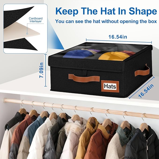 Dofilachy 2-in-1 Stackable Hat Storage for Baseball Caps with Clear Lid, Holds 28-32 Caps - Adjustable Space Hat Organizer for Baseball & Cowboy Hats, Closet Box for Men & Women (Black)