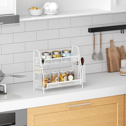 VITVITI 2-Tier Bathroom Organizer Countertop, Metal Wire Mesh Bathroom Counter Organizer Storage with Basket Hooks, Vanity Tray Shelf, Kitchen Spice Rack, White