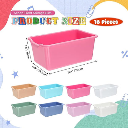 Dandat 16 Pcs Plastic Book Bins for Classroom Library Cubby Bins Scoop Front Stackable Toy Storage Tubs Containers for School Office Home Nursery Playroom Organization (Pastel Color)